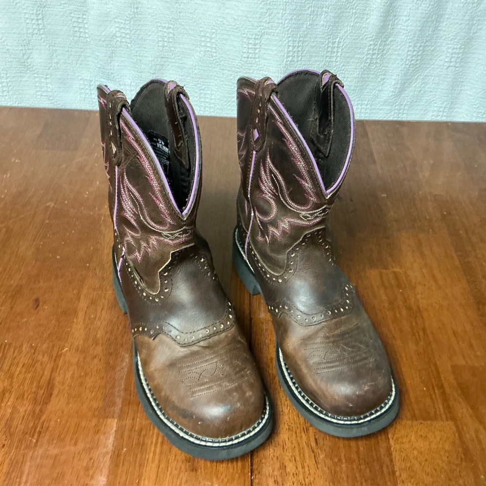 Justin Gypsy Women 9B Brown Leather Western Work Boots Pink Stitching WKL9980